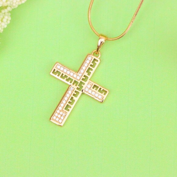 "Rose Gold Cross Pendant with Greek Key Design and Sparkling Stones, XPPT1610 - Picture 12 of 13